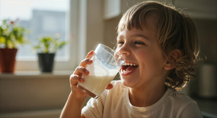 Happy little boy drinking milk from a glass at home, enjoying healthy beverage.