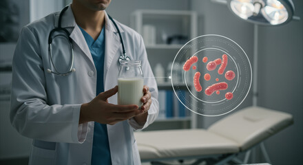 Doctor Holding Milk with Bacteria Visualization in Medical Setting.