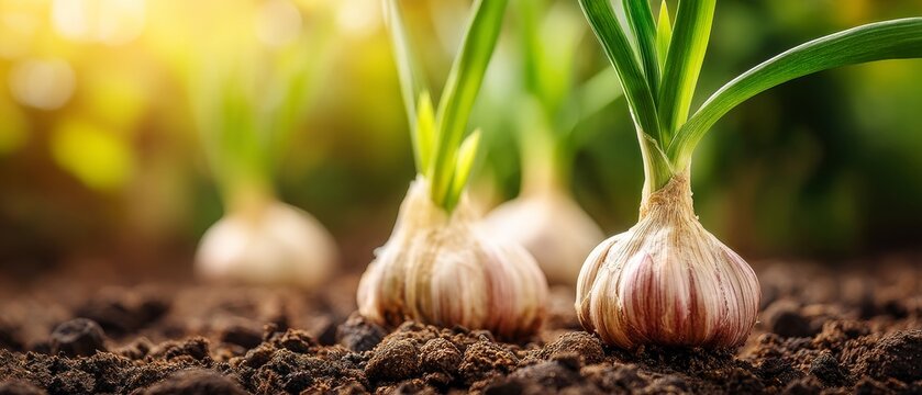 Young garlic bulbs growing in rich soil in a garden on a sunny day