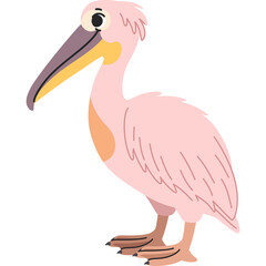 Cute Pink Pelican Cartoon Character Standing On Two Legs With A Big Yellow Beak And Detailed Feathers Isolated On White Background