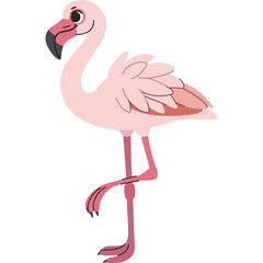 Cute Pink Flamingo Standing on One Leg with a Smiling Face and Big Beak against a Transparent Background