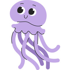 Cute Purple Cartoon Jellyfish With Big Eyes And Tentacles Floating Underwater In A Calm Sea With A Simple White Background