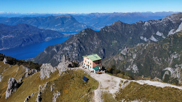 Aerial view of the Rosalba refuge on the slopes of Grigna Meridionale and the surrounding landscape