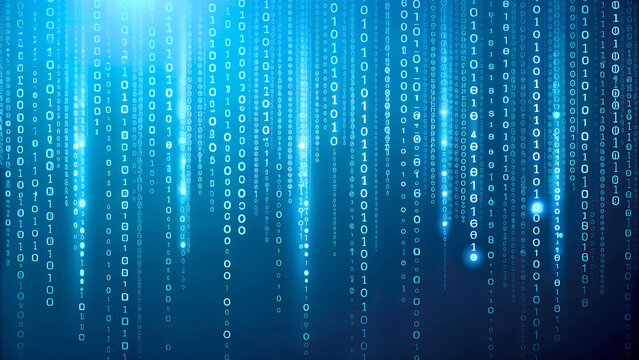 Binary numbers fall like digital rain on a blue background. Futuristic cyber stream, abstract tech pattern, software code, matrix effect and information security design. Vector illustration