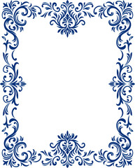 Elegant Blue Ornate Frame with Floral Scrollwork, page border, ceramic, mosaic, tiles frame, fabric texture.