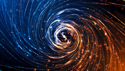Abstract swirling vortex of blue and orange light, creating an energetic flow pattern.