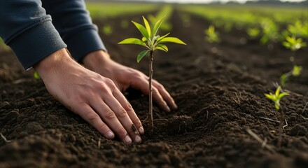 Close up of hands planting a small seedling in fertile soil.
