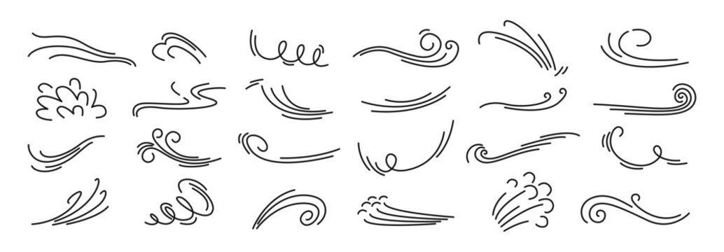 Air flow symbols, Hand drawn doodle of wind motion, flowing wind lines, swirl elements, flow air blow, smoke motion, summer breezes. Breath of the typhoon. Vector illustration isolated