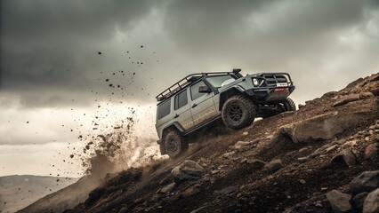 Off-road SUV climbing a rocky hill, mud splashes, dramatic sky, sense of power and motion