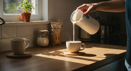Person pouring milk into a coffee cup on a sunlit kitchen counter.