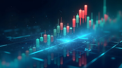 Futuristic 3D glowing candlestick chart rendered with cinematic lighting, reflections, and holographic depth, symbolizing digital finance and market motion. AI Generated.