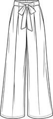 High waist wide leg pants with belt bow tie, pleated trousers, casual chic style, loose fit, fashion flat sketch, vector illustration