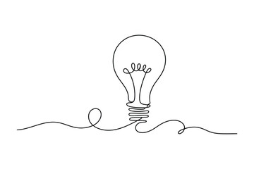 Continuous line drawing shows a light bulb with filament and connecting wire on white