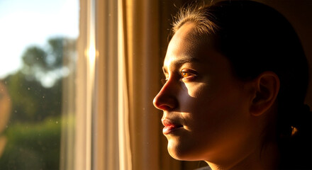 Contemplation in Sunlight: A woman gazes pensively out of a sunlit window, her face illuminated by the soft, warm glow. The scene evokes a sense of introspection and quiet reflection.