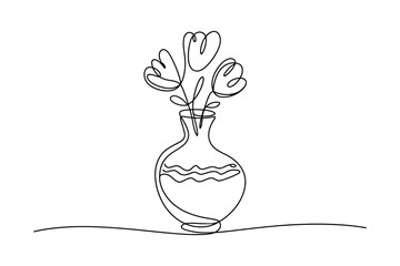 Minimalist vase holds abstract flowers sketched with single line on transparent background