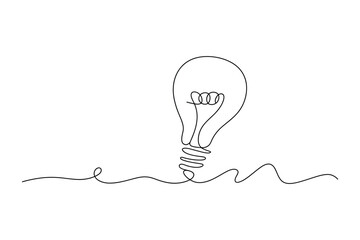 Light bulb's minimalist continuous line art elegantly illustrates innovative ideas on transparent background