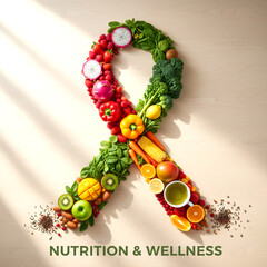 Nutritional Ribbon: A vibrant ribbon crafted entirely from fresh fruits and vegetables, symbolizing health, wellness, and the power of a balanced diet.
