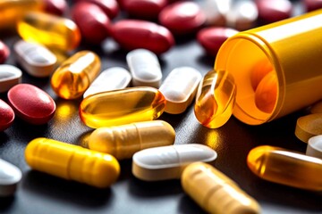 Medicine Cabinet: A close-up shot of various pills and capsules spilling from a medicine bottle, symbolizing health, medication, and the importance of healthcare.