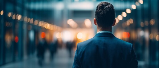 Confident businessman looking ahead in illuminated city street at night
