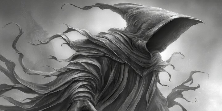 Mysterious hooded figure in grayscale, dark fantasy character concept art