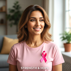 Empowered Resilience: Portrait of a woman adorned with a pink ribbon of solidarity, a symbol of strength and hope in the face of adversity and awareness.