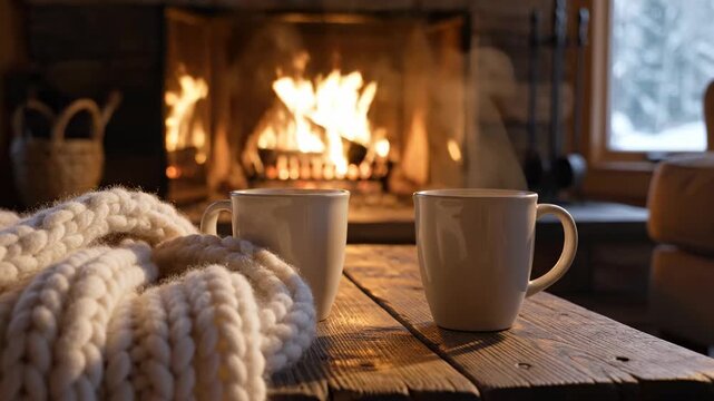 Two steaming mugs of a hot beverage and a warm knitted blanket resting on a wooden table in front of a cozy burning fireplace, creating a tranquil and romantic atmosphere for a winter evening
