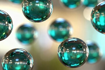 Naklejka premium Floating glass spheres with turquoise reflections and soft bokeh background 