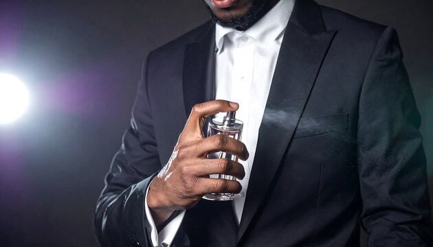 African man spraying perfume in a suit. Focus on his hand