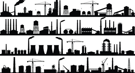 Fototapeta premium Industrial factory silhouette panorama, smokestacks, cooling towers, cranes, refinery, power plant, manufacturing facility, heavy industry, smoke emission, black and white