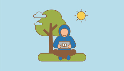 A student using a tablet to access course materials from a park illustrating the portability and flexibility of online education.