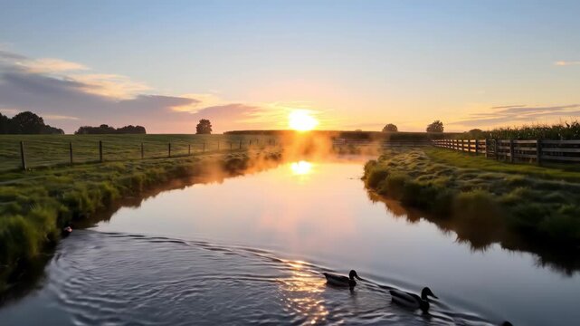 Tranquil Sunset Over Waterway with Ducks and Scenic Landscape