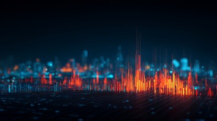 Abstract digital city skyline with glowing light trails and data grid