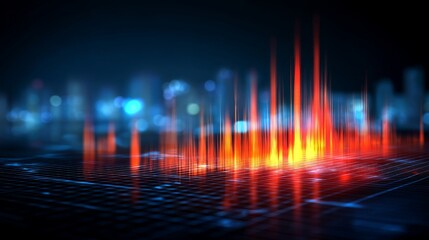 Fiery Digital Spectrum: Abstract Cityscape with Glowing Signal Visuals