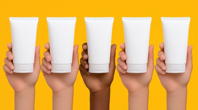 Cosmetic product containers in multiracial people hands mockup. Dermatology. Showing luxury skincare remedies template advertising image. Mock up branding product, marketing material