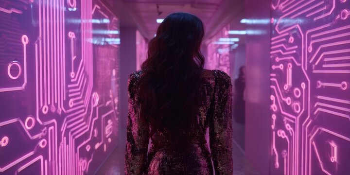 Woman in sequin dress walking in futuristic hallway with neon circuit boards