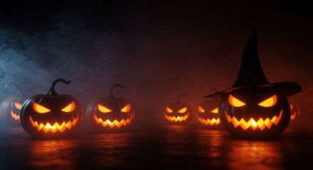 A very dark and mysterious Halloween scene, featuring glowing jack-o-lanterns and eerie smoke, creating a truly wicked atmosphere ,bat ,scary ,spooky season