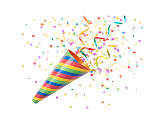 Rainbow striped party cone exploding with colorful confetti ribbons and festive decorative celebration elements, isolated on a transparent background