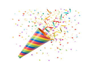 Rainbow striped party cone exploding with colorful confetti ribbons and festive decorative celebration elements, isolated on a transparent background