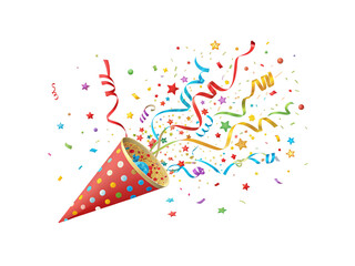 Red polka dot party cone exploding with colorful confetti stars ribbons and festive celebration elements, isolated on a transparent background