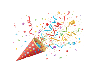 Red polka dot party cone exploding with colorful confetti stars ribbons and festive celebration elements, isolated on a transparent background