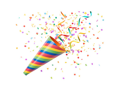 Rainbow striped party cone exploding with colorful confetti ribbons and festive decorative celebration elements, isolated on a transparent background