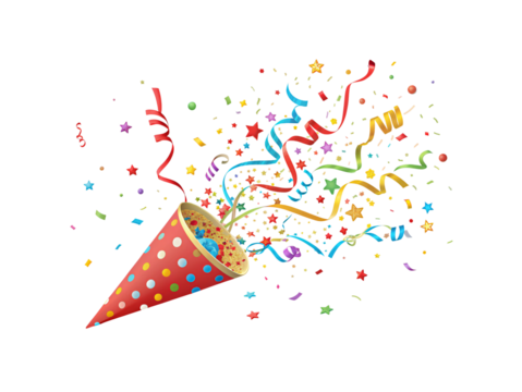 Red polka dot party cone exploding with colorful confetti stars ribbons and festive celebration elements, isolated on a transparent background