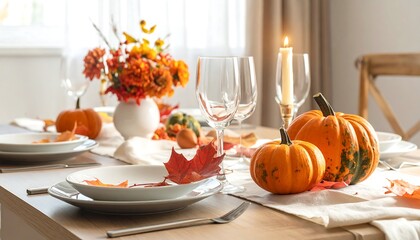 Autumnal dining arrangement with pumpkins, fall leaves, floral arrangement, and plates on a bright table setting