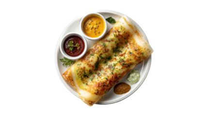 A freshly made South Indian dosa is served on a white plate with traditional accompaniments like sambar and various colorful chutneys for a delicious meal