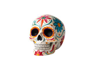 Decorative sugar skull painted with vibrant floral patterns and bright colors celebrating Dia de los Muertos, isolated on a transparent background