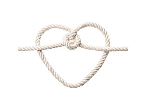 Heart-shaped rope knot tied neatly symbolizing love and unity, simple natural design, isolated on a transparent background