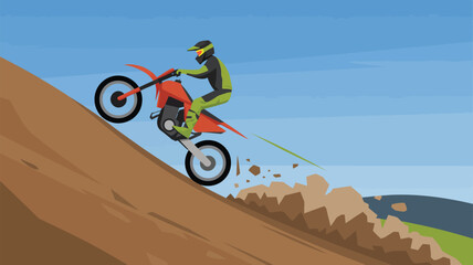 A motorcyclist riding uphill on a dirt bike performing a wheelie against a blue sky background scene