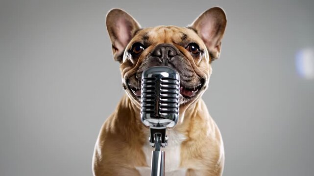 Adorable french bulldog with expressive emotions barking and singing into a retro microphone on a stand, showcasing a fun musical performance concept in a studio with a grey background