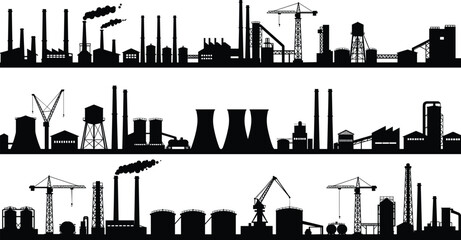 Industrial factory silhouette with chimneys, cooling towers, cranes, manufacturing plants, power stations, heavy industry, refinery, production facility, black and white panoramic image
