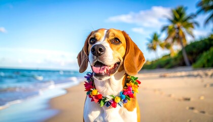 Beagle dog smiles on sunny beach with colorful flower lei; ocean waves & palm trees in blurred background